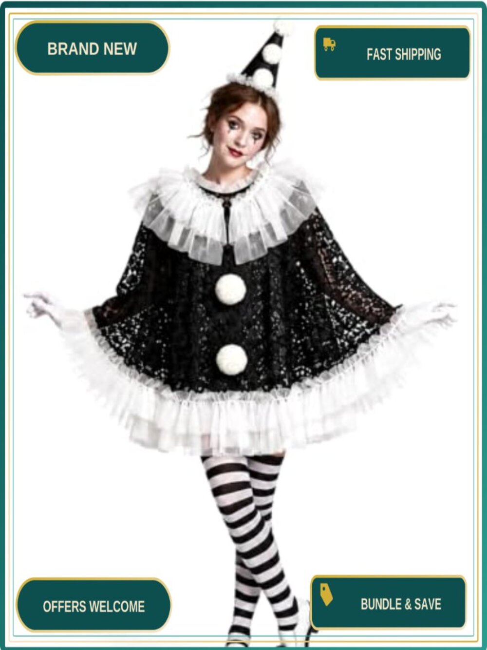 Liitrsh 4 PC Halloween Clown Costume Set Jester Headband Poncho Gloves Tights